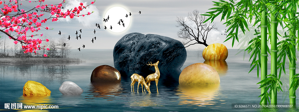 麋鹿风景山水画 晶瓷画 装饰画