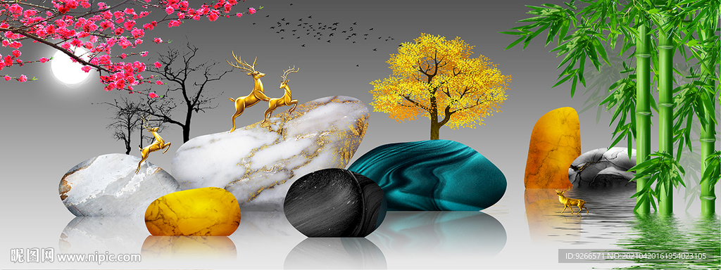 麋鹿风景山水画 晶瓷画 装饰画