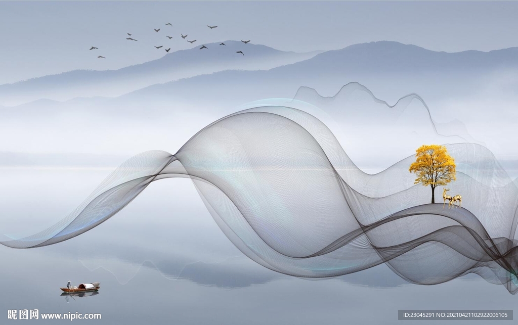 曲线抽象山水客厅背景墙