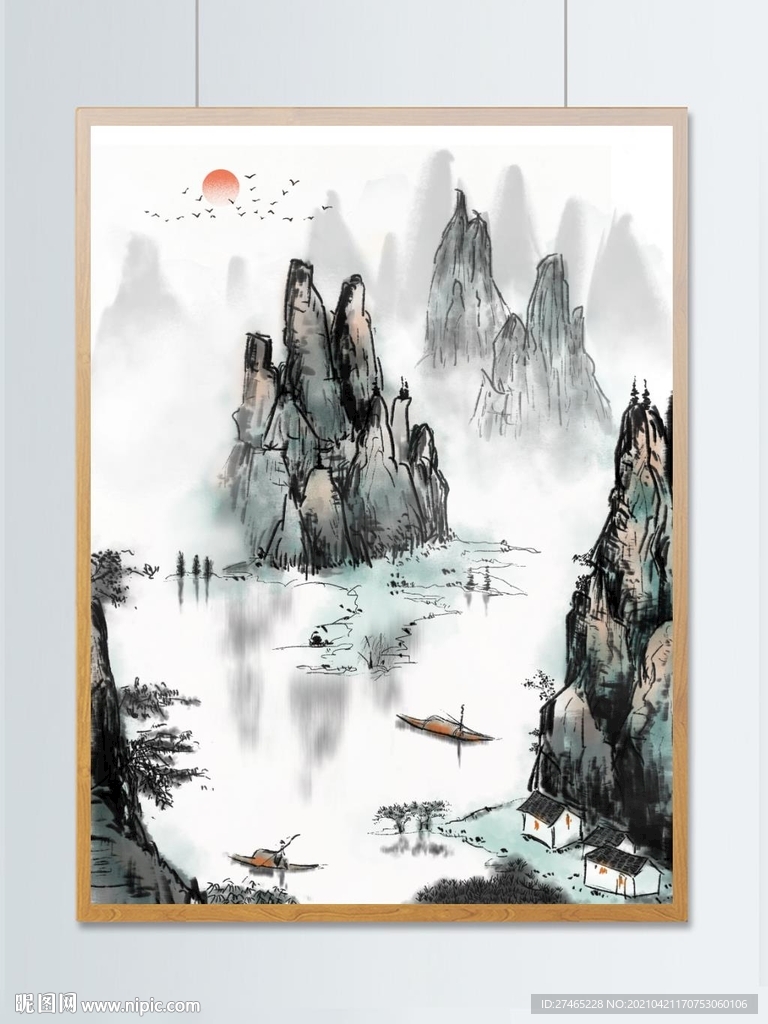 中国风水墨意境渔船松树国画