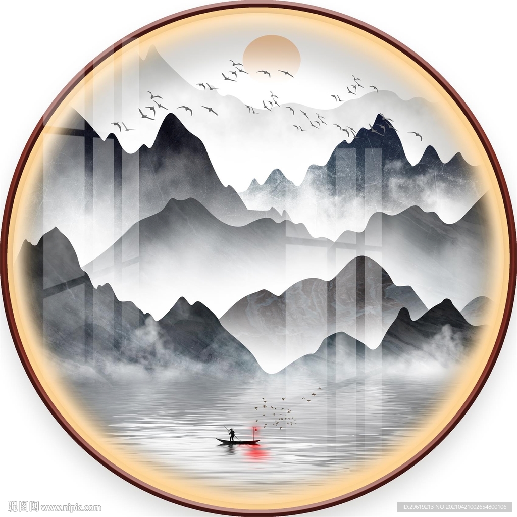 中式山水圆形装饰画图片