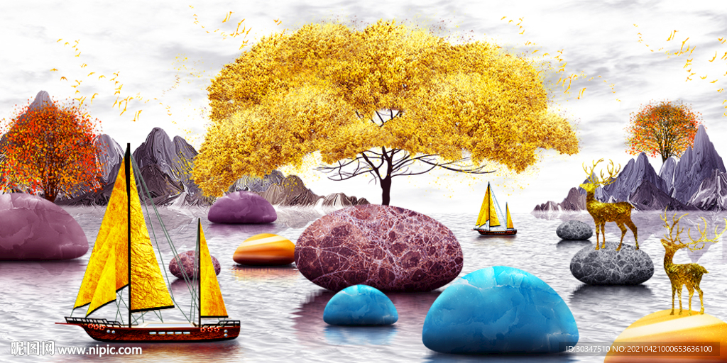 轻奢一帆风顺转运石发财树三联画