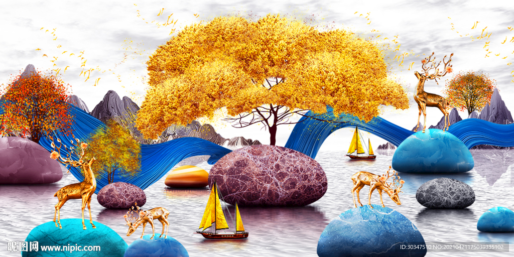 轻奢发财树麋鹿转运石三联巨幅画