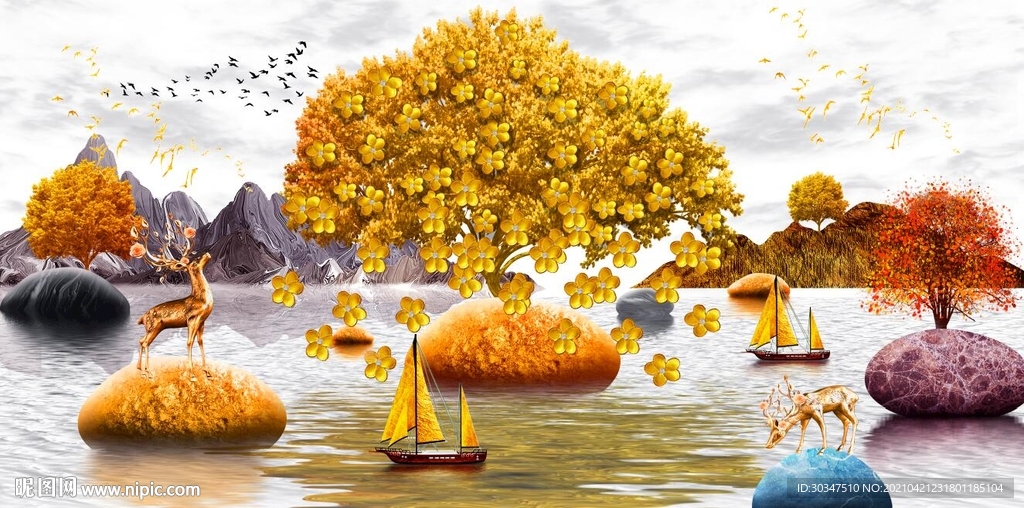 轻奢发财树发财麋鹿三联巨幅画