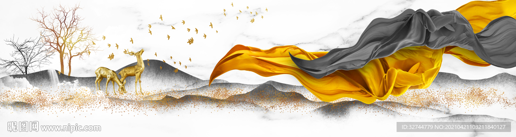 山水麋鹿装饰画