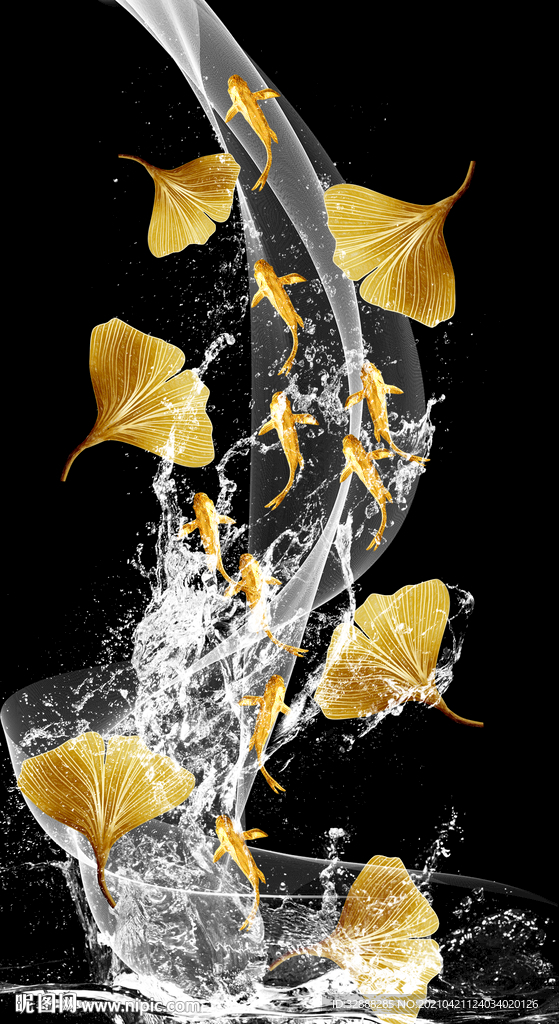 幸福有余 银杏叶九鱼图