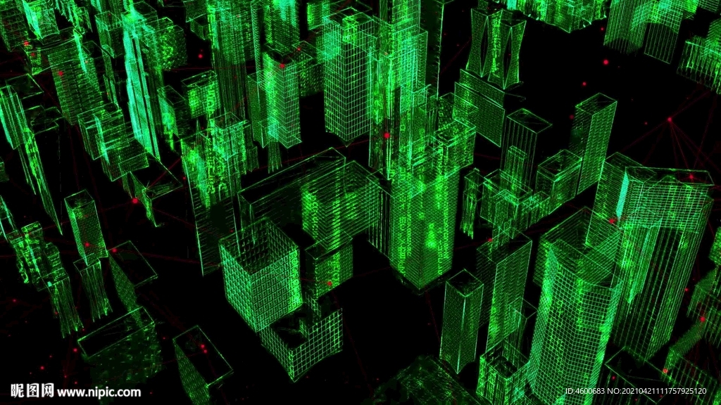 黑客风格的绿色字母数字城市背景