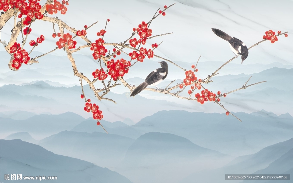 梅花雪梅鸟语花香背景墙