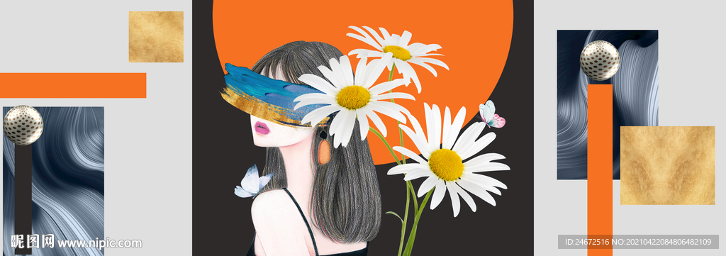 现代轻奢爱马仕橙少女几何装饰画