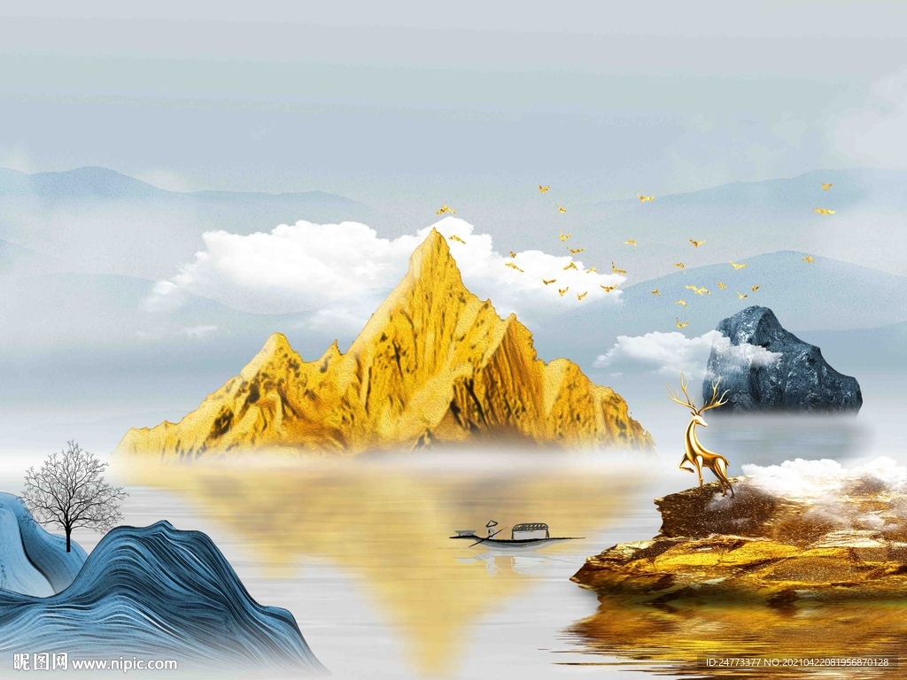 新中式金色山水装饰画