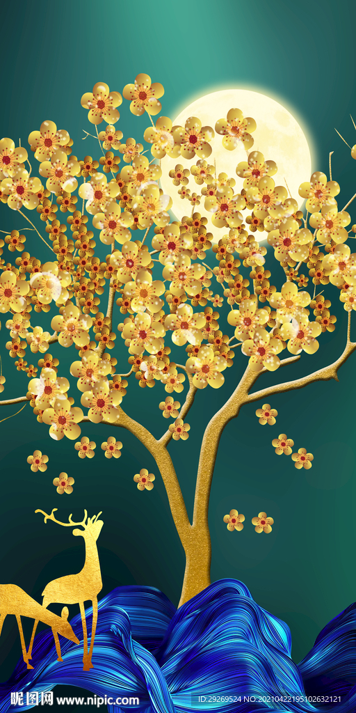 新中式金色梅花麋鹿玄关装饰画