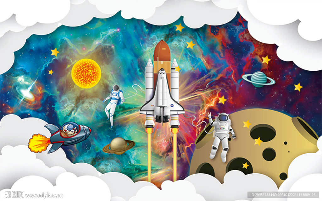 卡通飞船宇航员儿童房背景墙