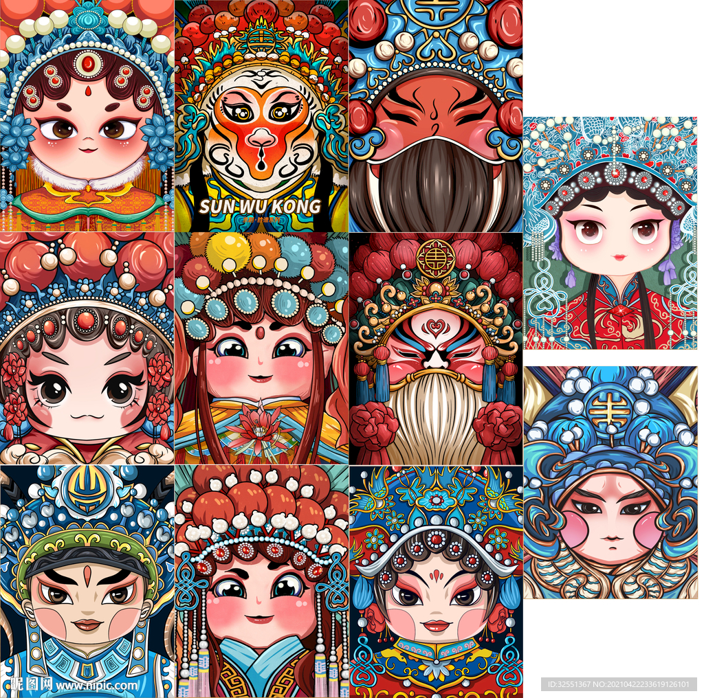 Q版京剧人物脸谱插画