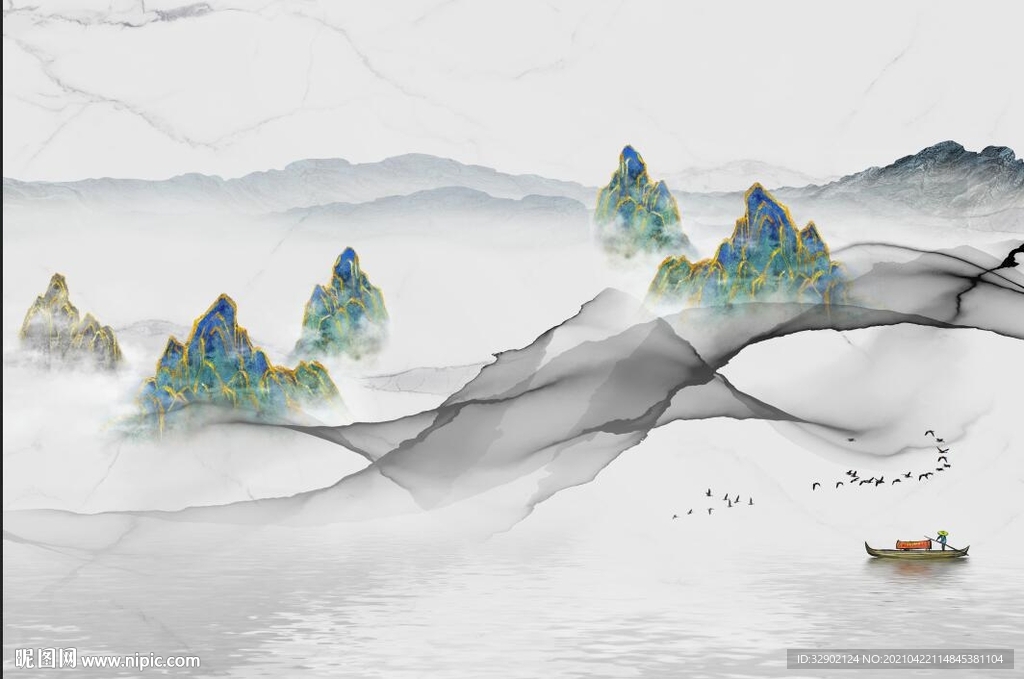 新中式素雅水墨山水麋鹿背景墙