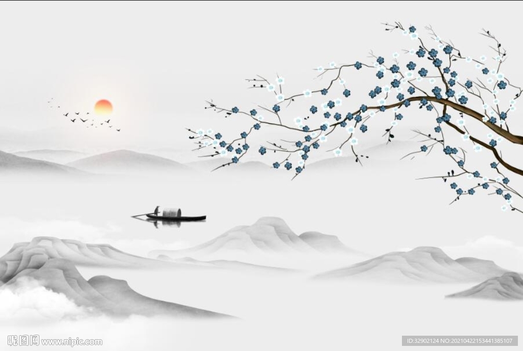 新中式抽象山水工笔梅花背景墙