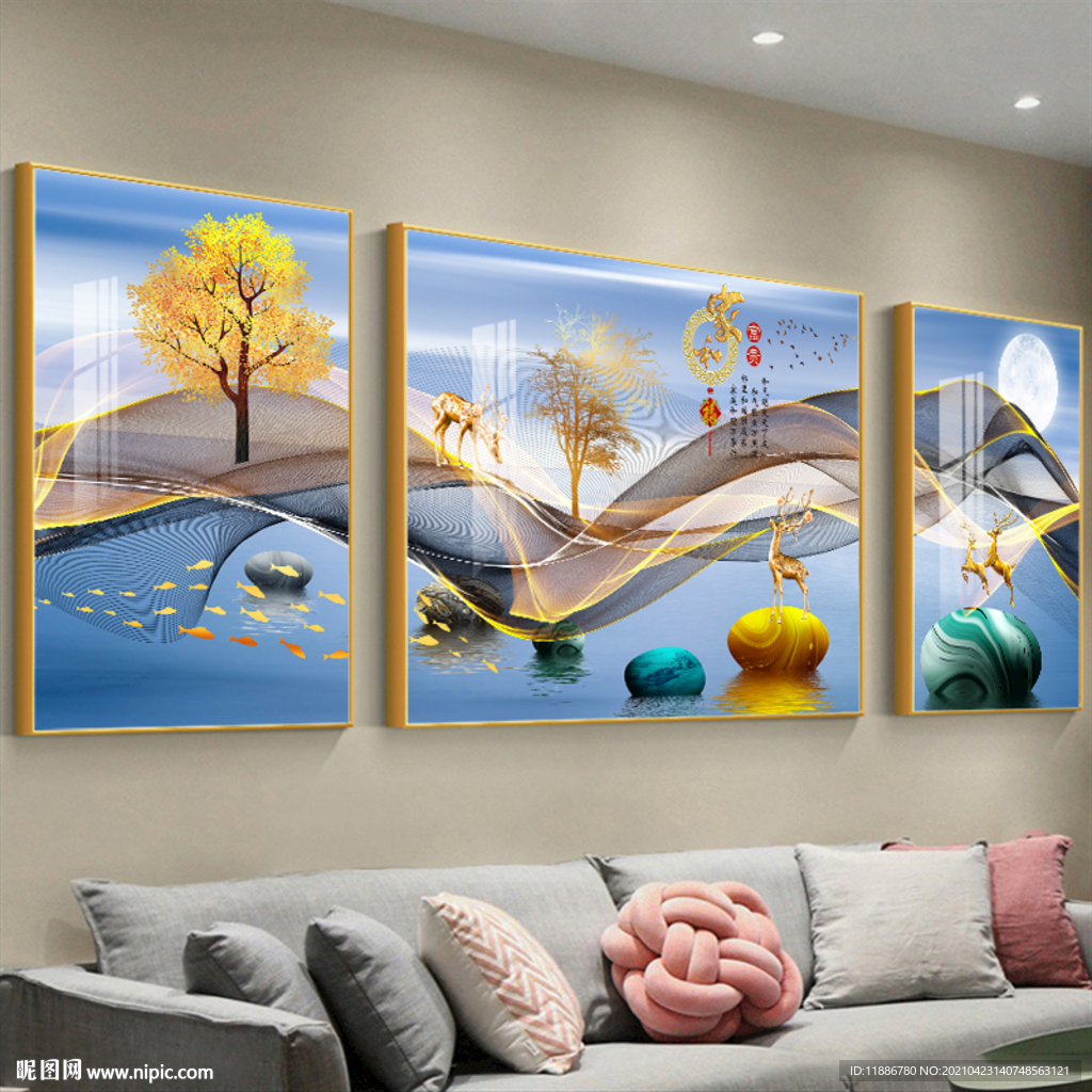 麋鹿家和万事装饰画三联石来运转