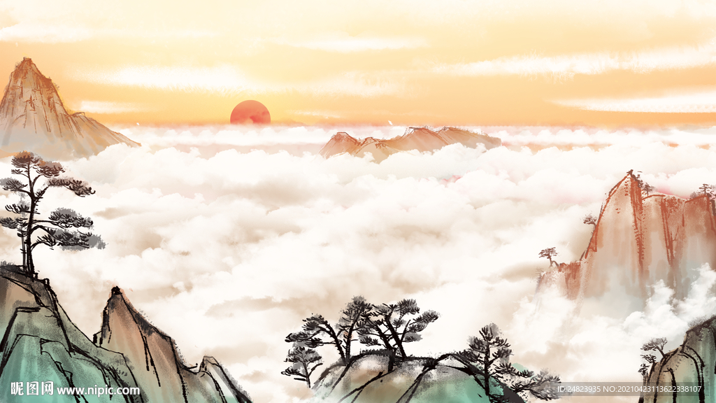 中国风古风水墨山河云朵插画背景