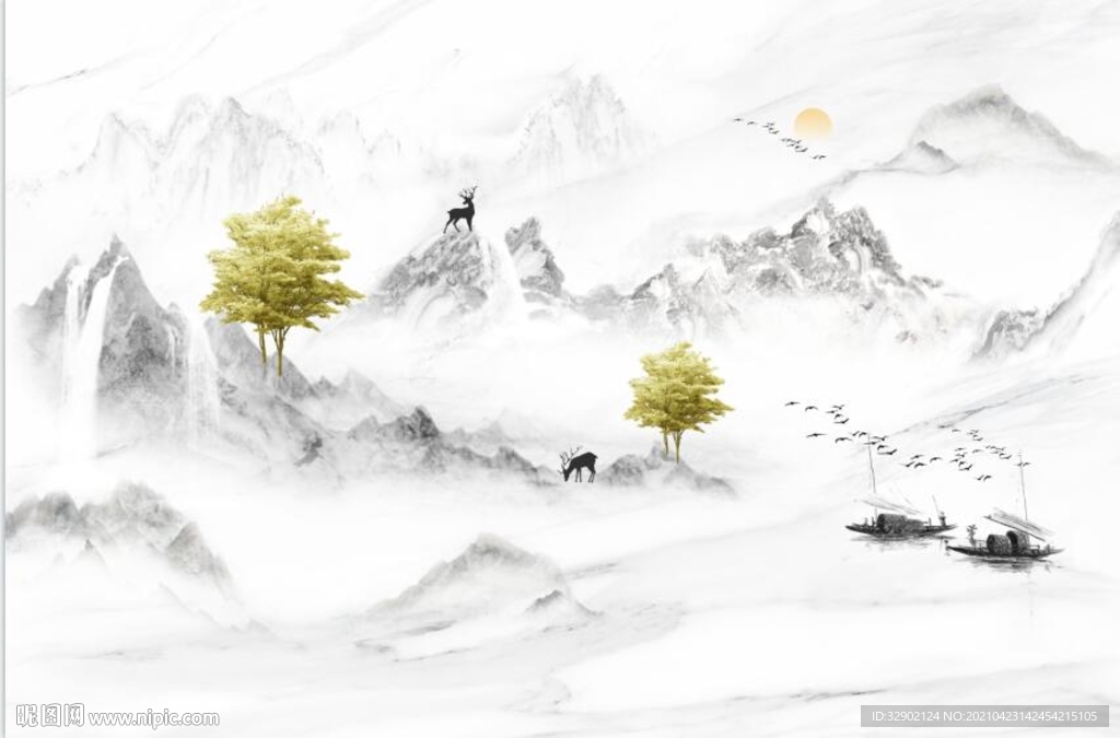 简约水墨石纹山水麋鹿背景墙