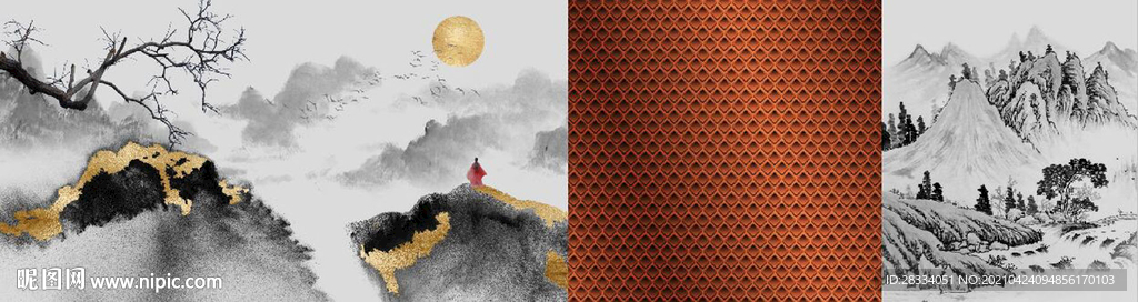 新中式抽象金色水墨山水床头画