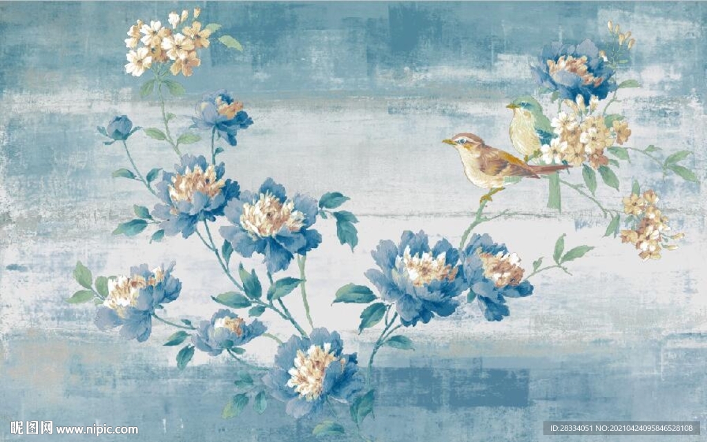 北欧风白色花鸟水彩油画背景墙