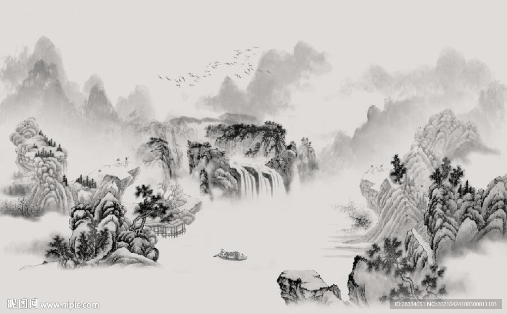 新中式水墨山水风景国画背景墙
