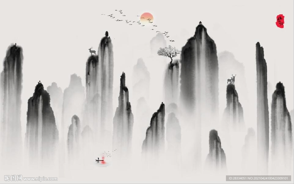 新中式水墨山水风景国画背景墙