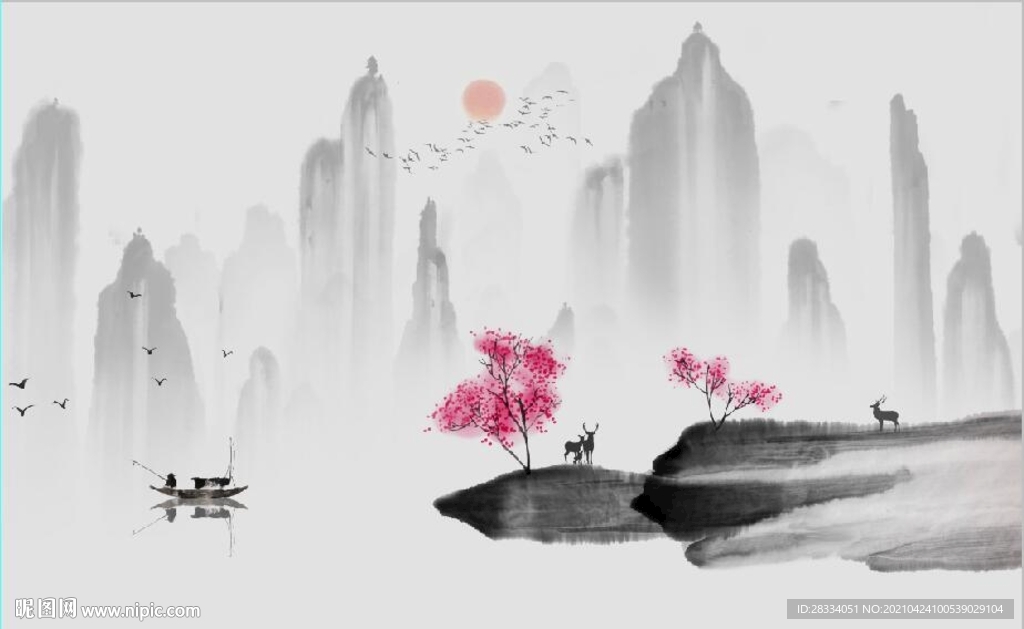 新中式水墨麋山水风景国画背景墙