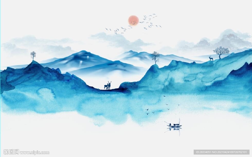 新中式水墨麋山水风景国画背景墙