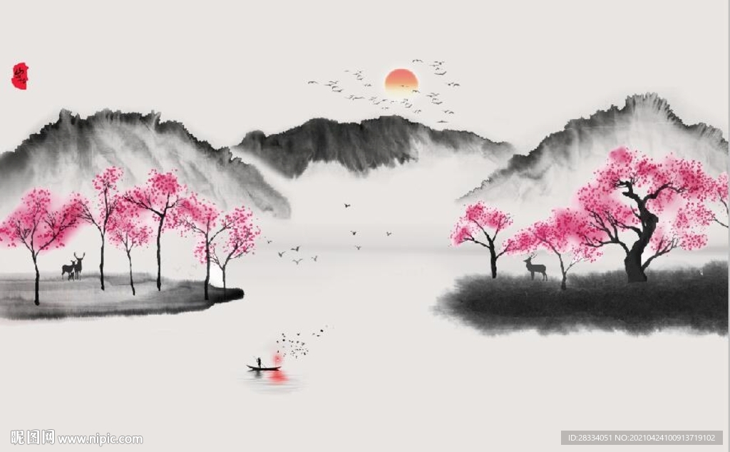 新中式水墨山水风景国画背景墙