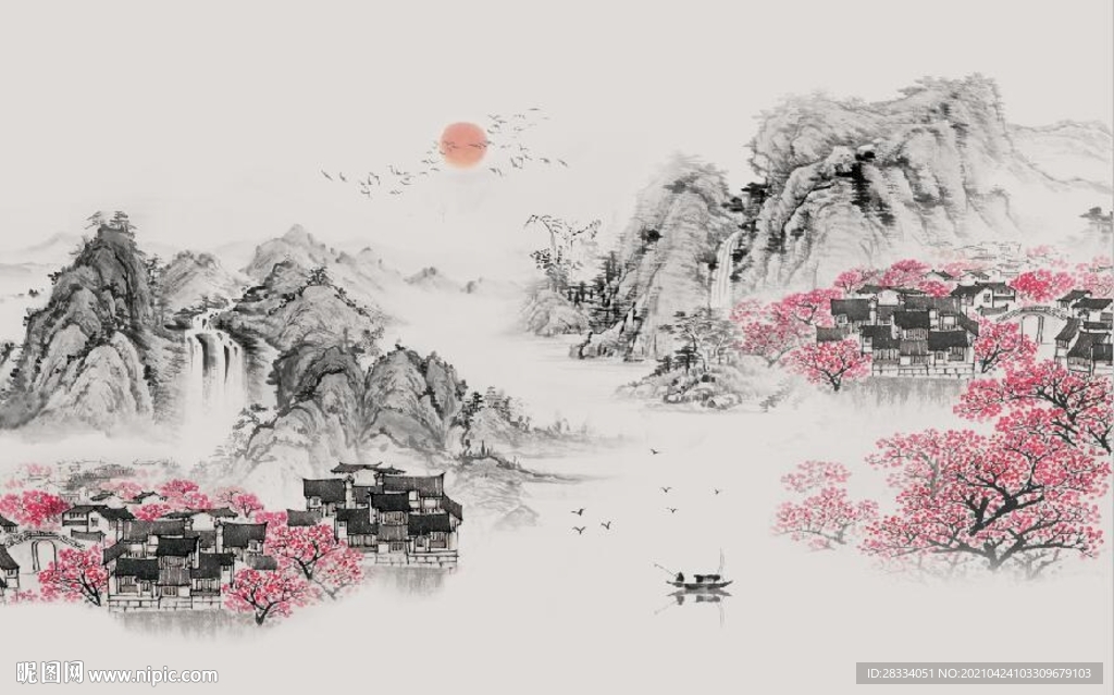 新中式水墨山水民居国画背景墙
