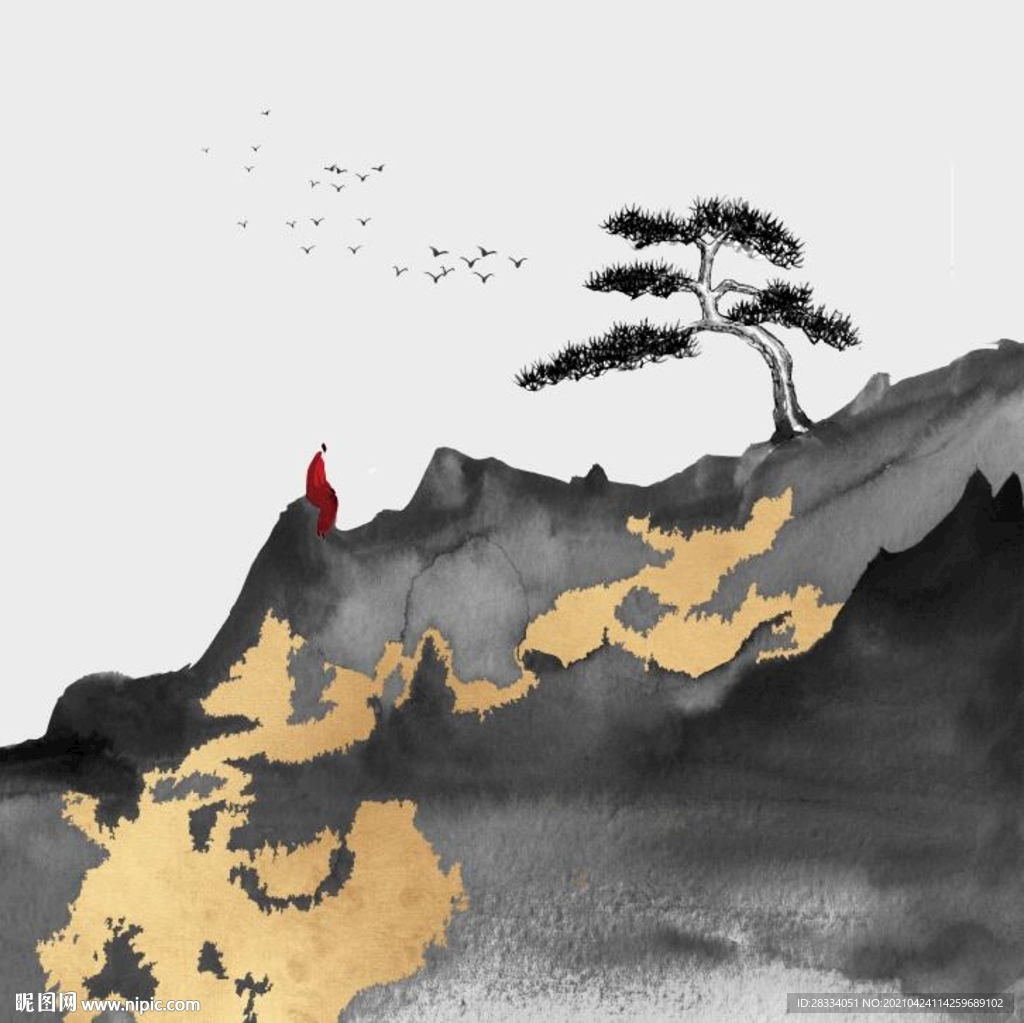 新中式金色水墨禅僧风景装饰画