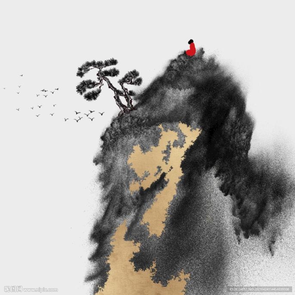 新中式金色水墨禅僧风景装饰画