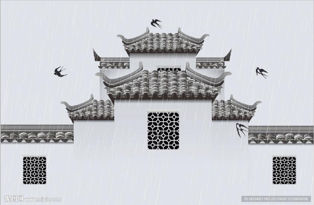 新中式水墨江南民居电视背景墙