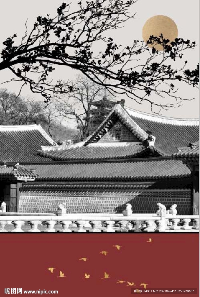 新中式古建筑树枝风景玄关装饰画