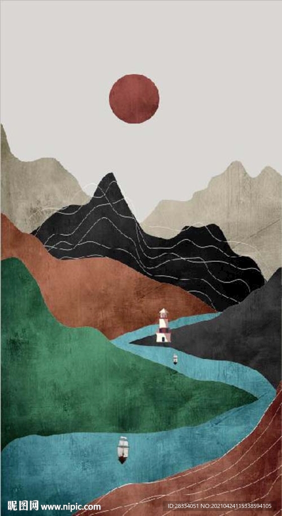 北欧风抽象山脉河流风景玄关装饰