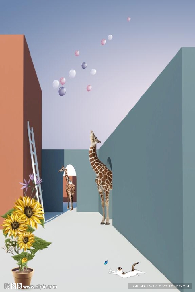 抽象立体建筑长颈鹿玄关装饰画