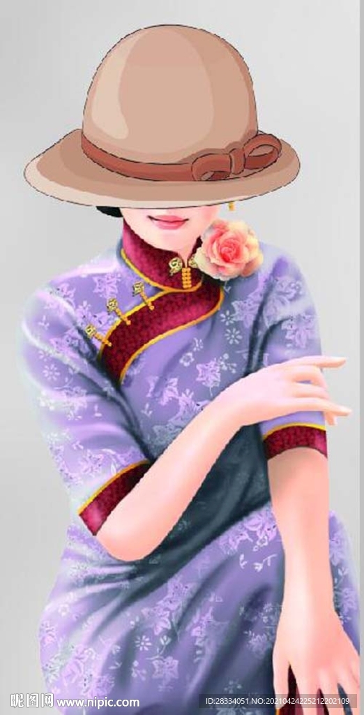 现代太阳帽民国美女玄关装饰画