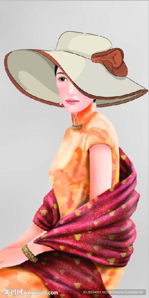 现代太阳帽民国美女玄关装饰画