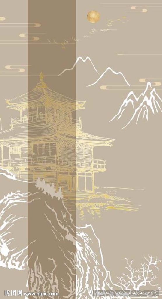 新中式金色浮雕山水玄关装饰画