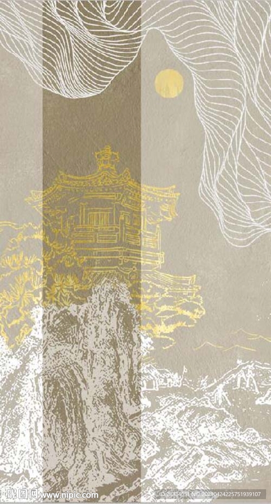 新中式金色浮雕山水玄关装饰画