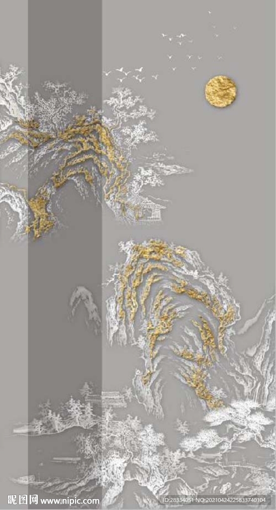 新中式金色浮雕山水玄关装饰画