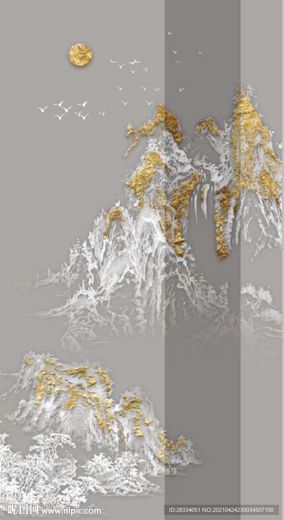 新中式金色浮雕山水玄关装饰画