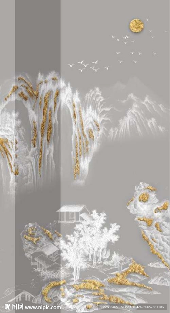 新中式金色浮雕山水玄关装饰画