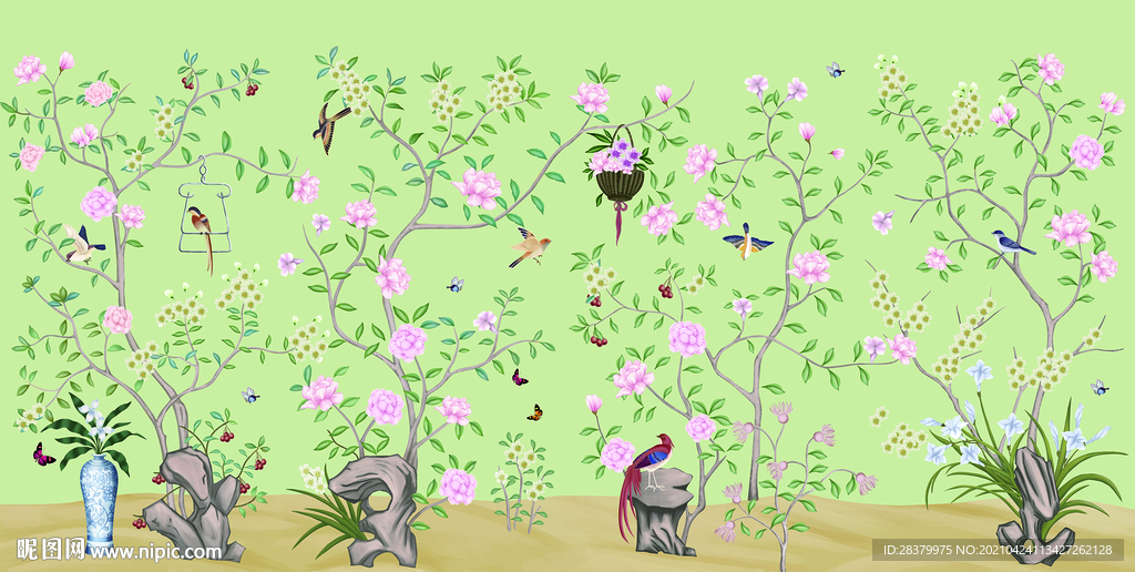 中国风工笔花背景墙图片