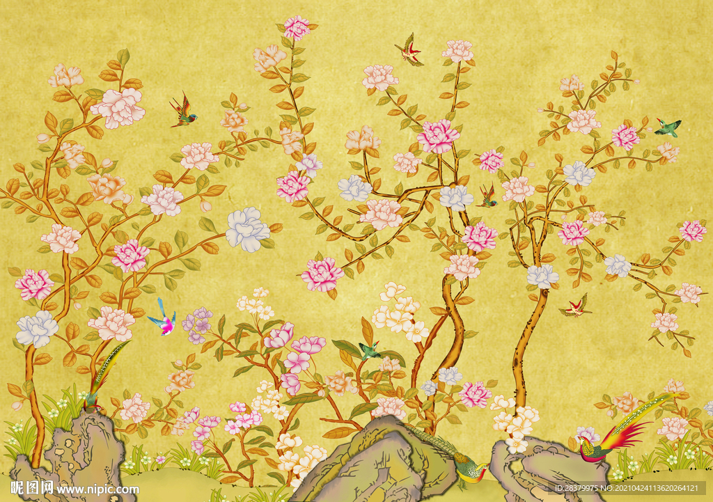 中式手绘花鸟背景墙图片