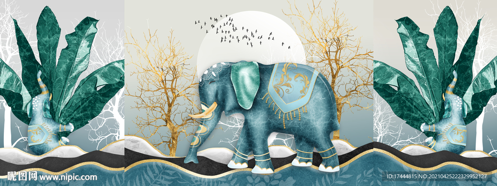 北欧抽象莫兰迪发财树大象三联画