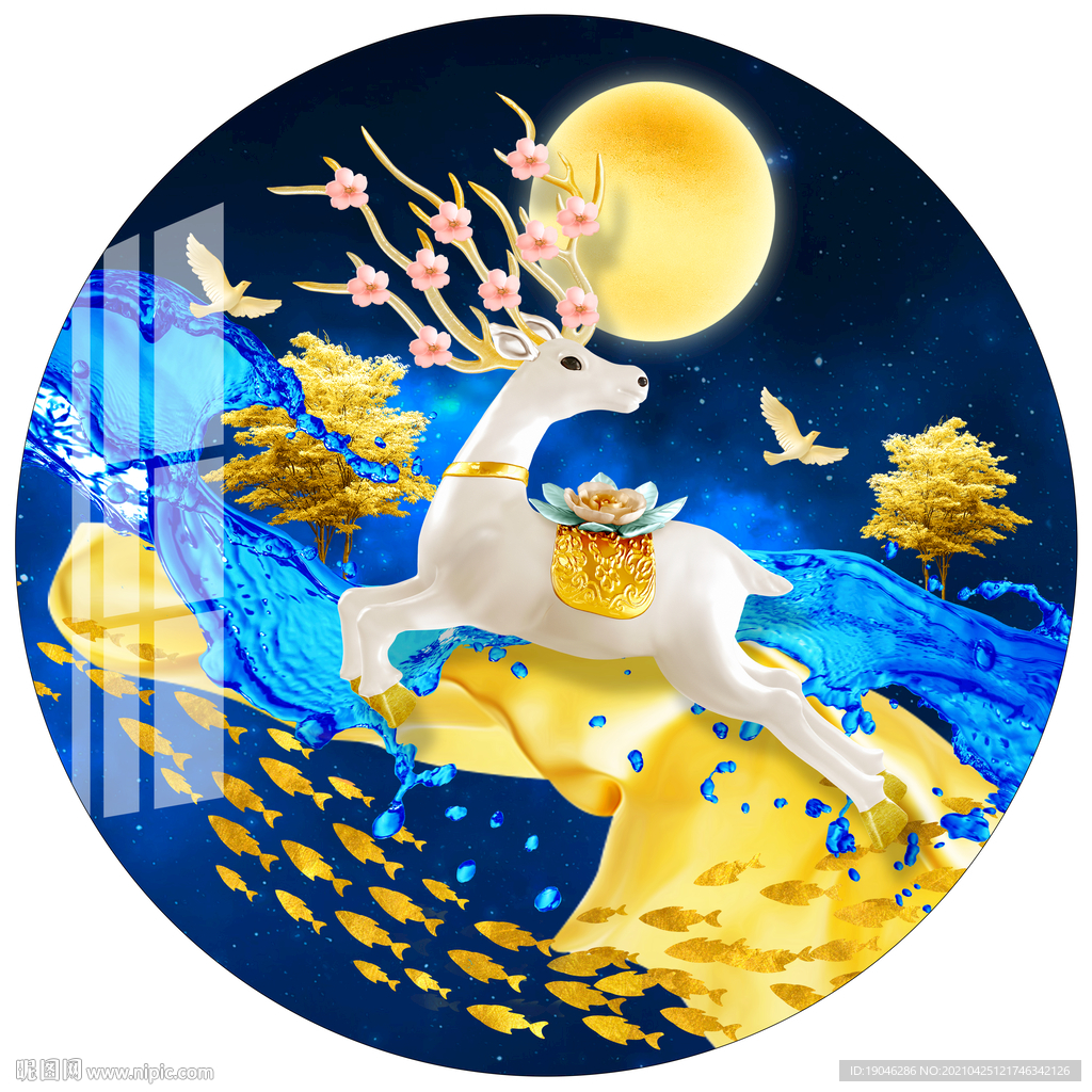 金色飘带麋鹿圆形装饰画