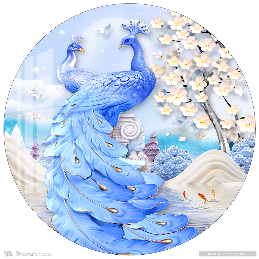 北欧现代浮雕孔雀圆形装饰画