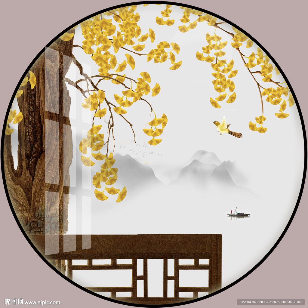 新中式银杏花鸟圆形装饰画