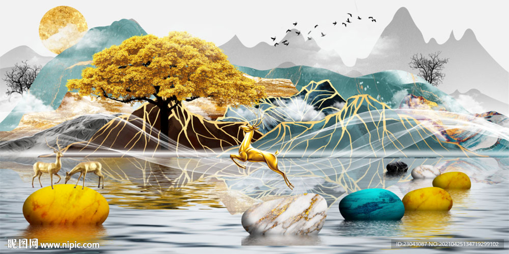 山水麋鹿装饰画